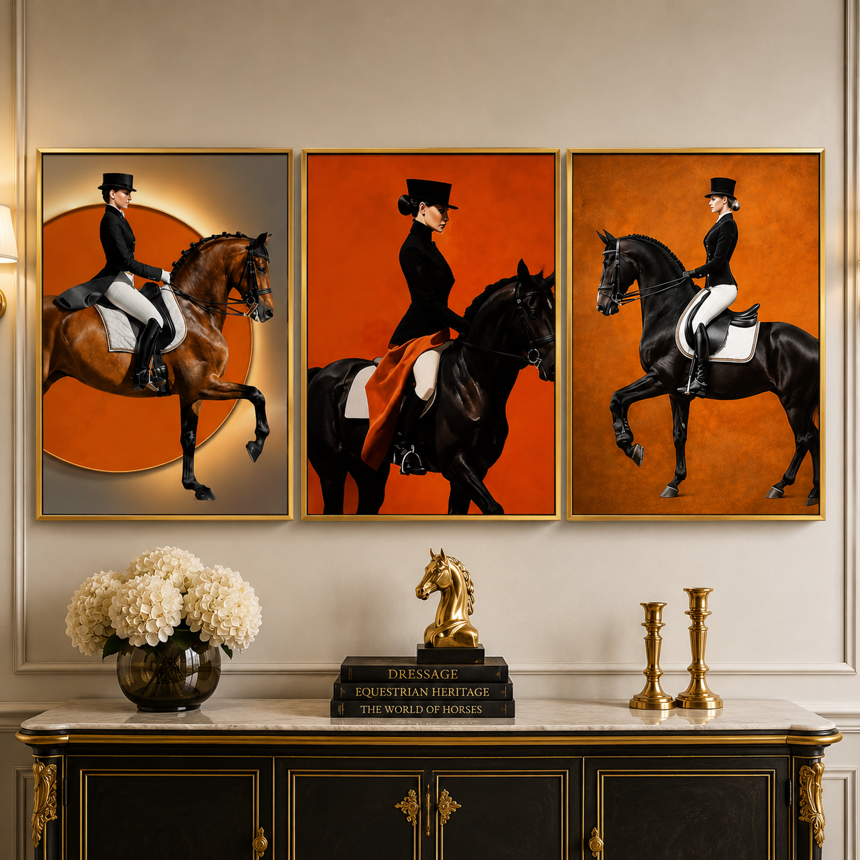 Collection Dressage Royal – Set de 3 Tableaux Chevaux de Luxe